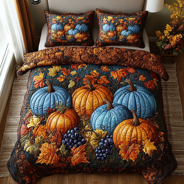 Pumpkin Path quilted 3-piece bedding set on a made bed against a dark styled interior