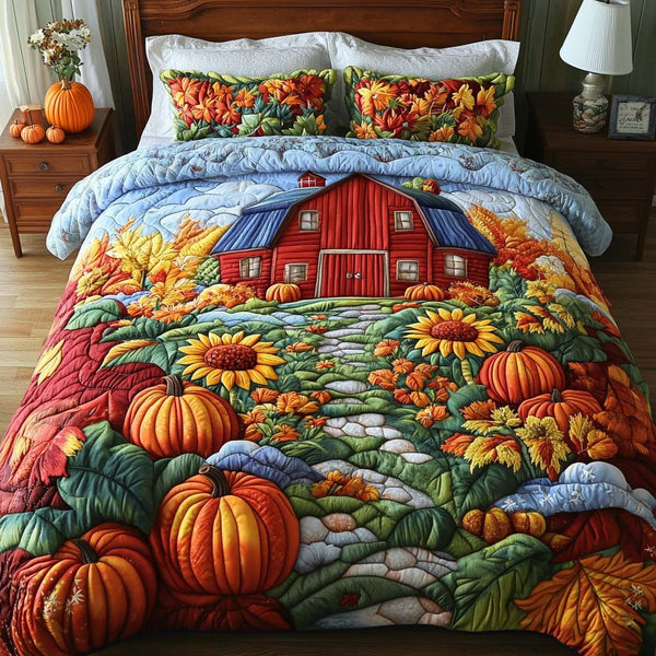 Pumpkin Path quilted 3-piece bedding set on a made bed against a dark styled interior