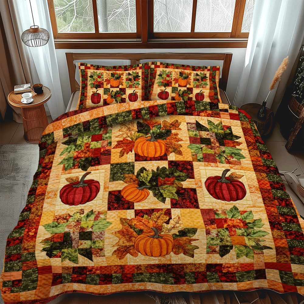 Pumpkin Patterned Thanksgiving quilted 3-piece bedding set on a made bed against a dark styled interior