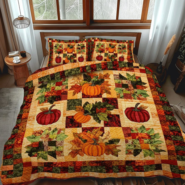Pumpkin Patterned Thanksgiving quilted 3-piece bedding set on a made bed against a dark styled interior