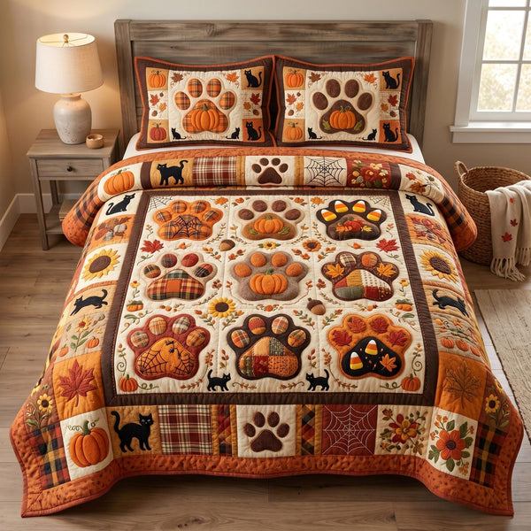 Pumpkin Paws quilted 3-piece bedding set on a made bed against a dark styled interior