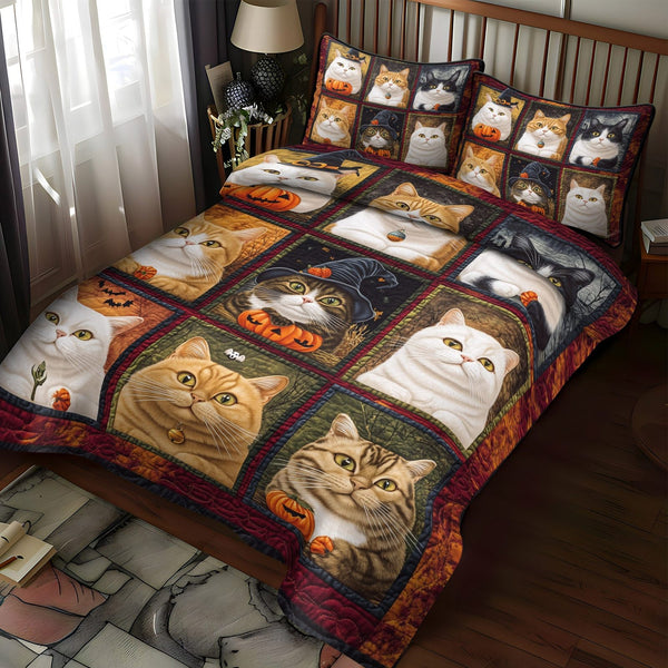 Pumpkin Paws quilted 3-piece bedding set on a made bed against a dark styled interior