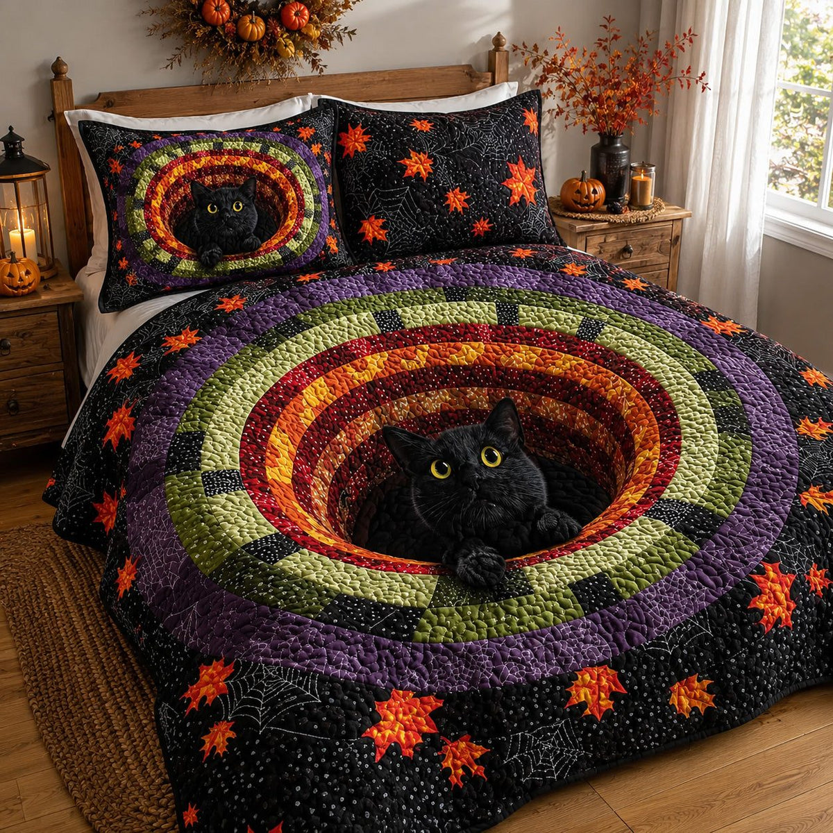 Pumpkin Portal quilted 3-piece bedding set on a made bed against a dark styled interior