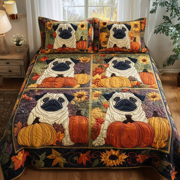 Pumpkin Pug quilted 3-piece bedding set on a made bed against a dark styled interior