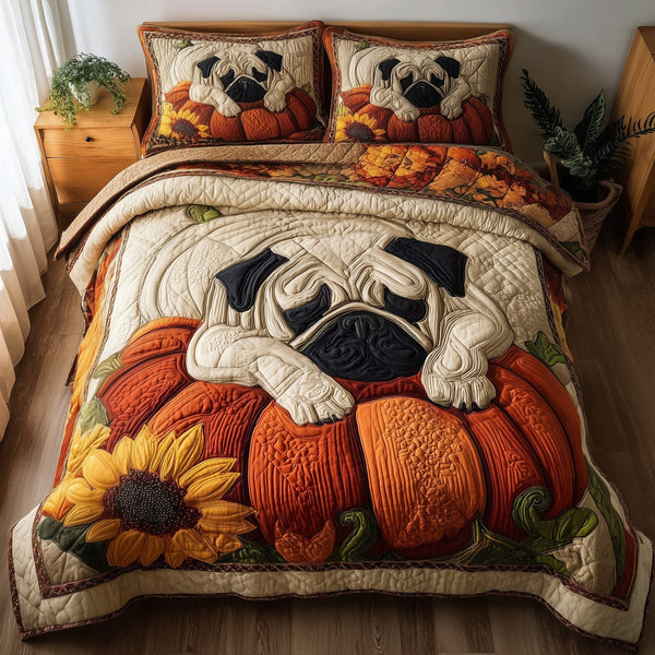 Pumpkin Pug quilted 3-piece bedding set on a made bed against a dark styled interior