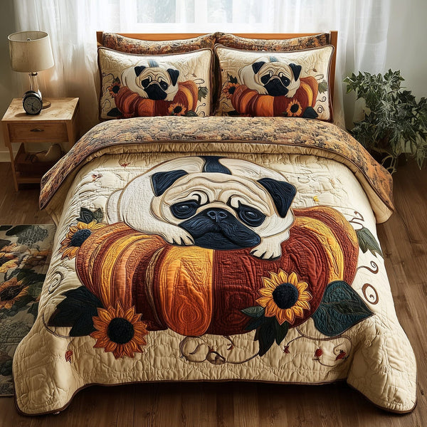 Pumpkin Pug quilted 3-piece bedding set on a made bed against a dark styled interior
