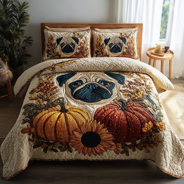 Pumpkin Pug quilted 3-piece bedding set on a made bed against a dark styled interior