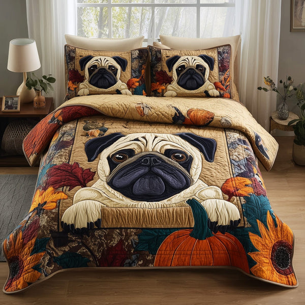 Pumpkin Pug quilted 3-piece bedding set on a made bed against a dark styled interior