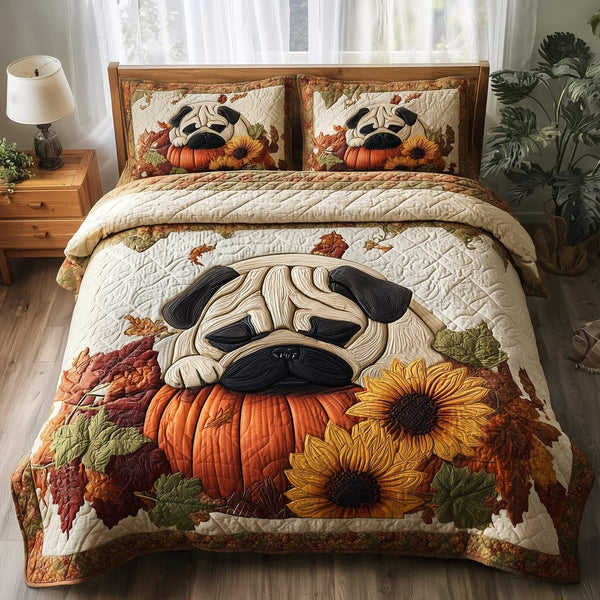 Pumpkin Pug quilted 3-piece bedding set on a made bed against a dark styled interior