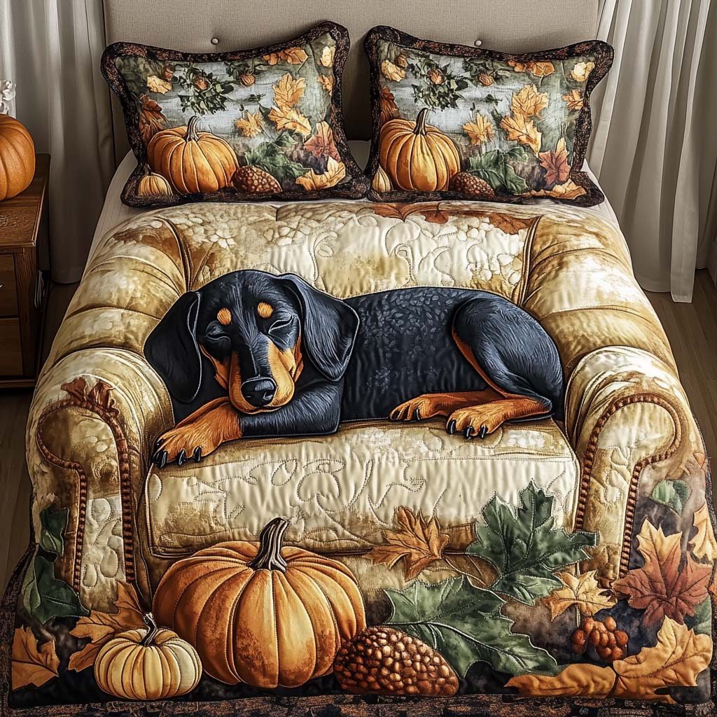 Pumpkin Pup quilted 3-piece bedding set on a made bed against a dark styled interior