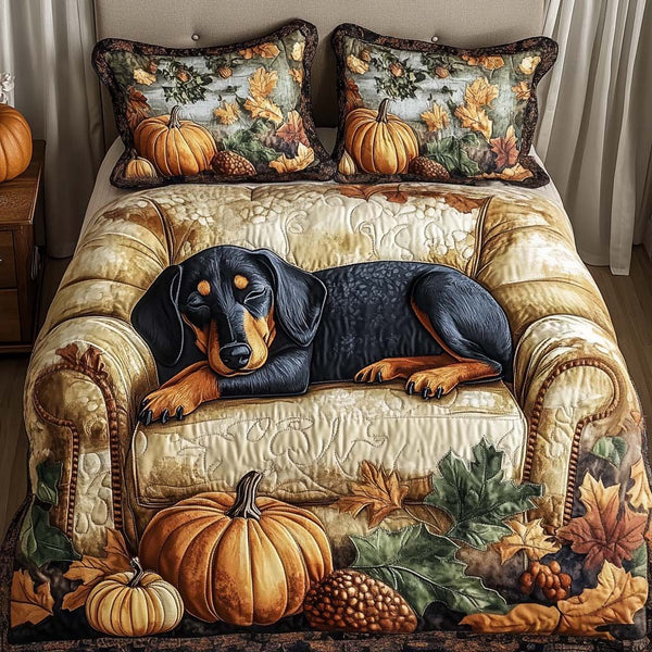 Pumpkin Pup quilted 3-piece bedding set on a made bed against a dark styled interior