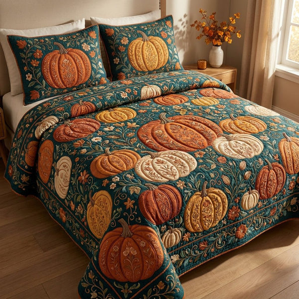 Pumpkin quilted 3-piece bedding set on a made bed against a dark styled interior