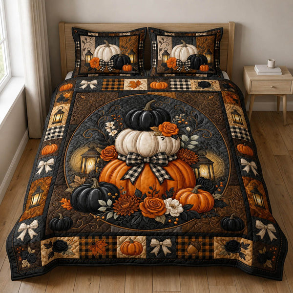 Pumpkin quilted 3-piece bedding set on a made bed against a dark styled interior