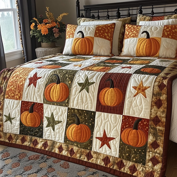 Pumpkin quilted 3-piece bedding set on a made bed against a dark styled interior