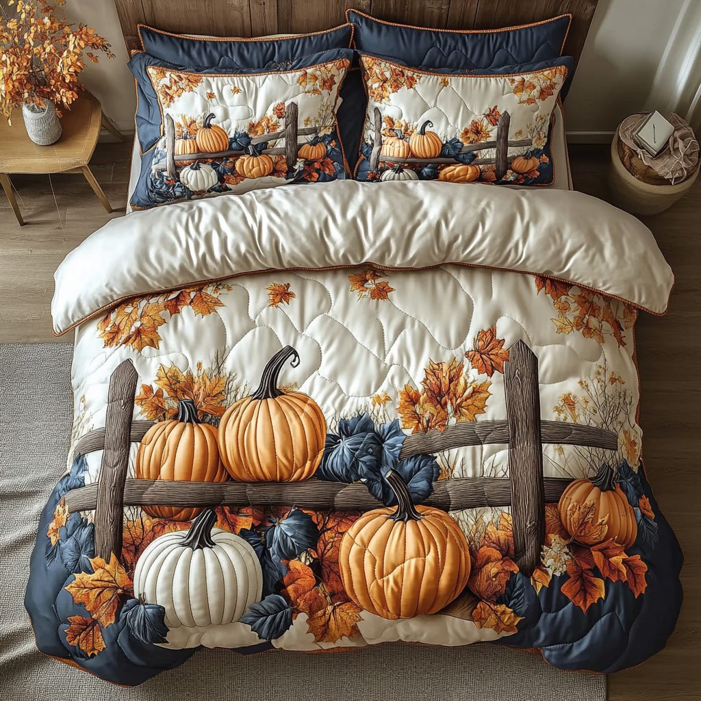 Pumpkin quilted 3-piece bedding set on a made bed against a dark styled interior