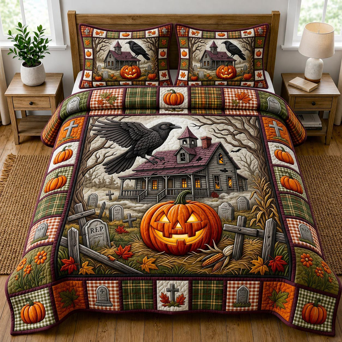 Pumpkin Raven quilted 3-piece bedding set on a made bed against a dark styled interior