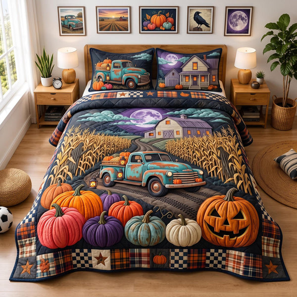 Pumpkin Road quilted 3-piece bedding set on a made bed against a dark styled interior