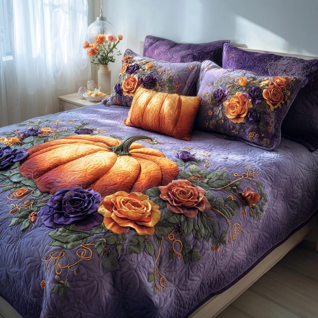 Pumpkin Roses quilted 3-piece bedding set on a made bed against a dark styled interior