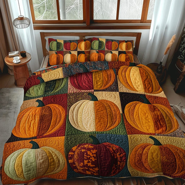 Pumpkin Row quilted 3-piece bedding set on a made bed against a dark styled interior