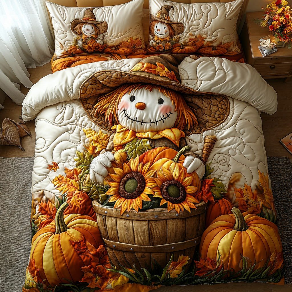 Pumpkin Scarecrow Lane quilted 3-piece bedding set on a made bed against a dark styled interior