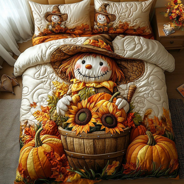Pumpkin Scarecrow Lane quilted 3-piece bedding set on a made bed against a dark styled interior
