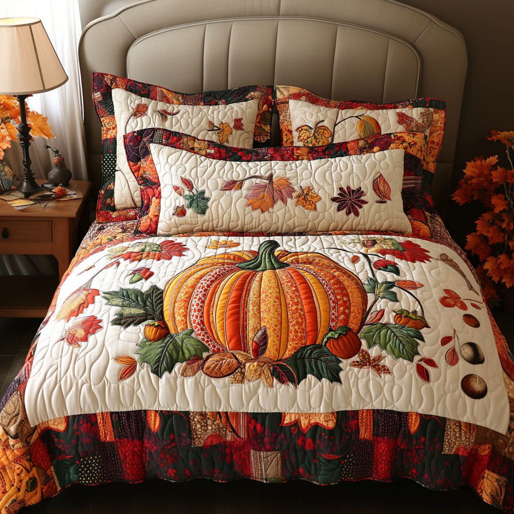 Pumpkin Season Delight quilted 3-piece bedding set on a made bed against a dark styled interior