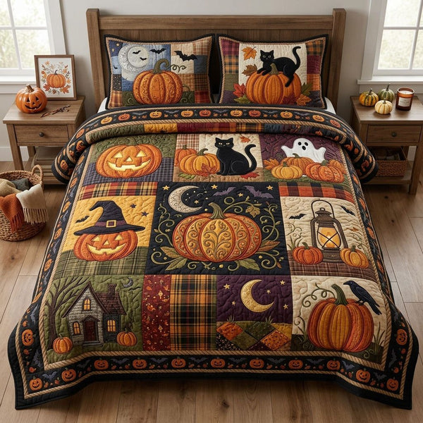 Pumpkin Season quilted 3-piece bedding set on a made bed against a dark styled interior