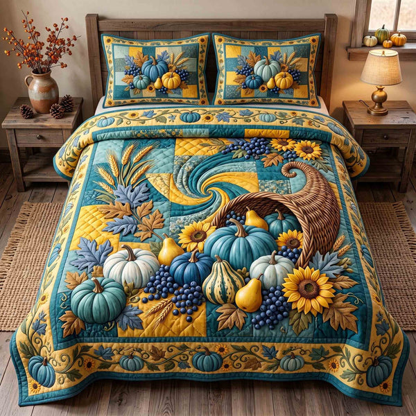 Pumpkin Season quilted 3-piece bedding set on a made bed against a dark styled interior