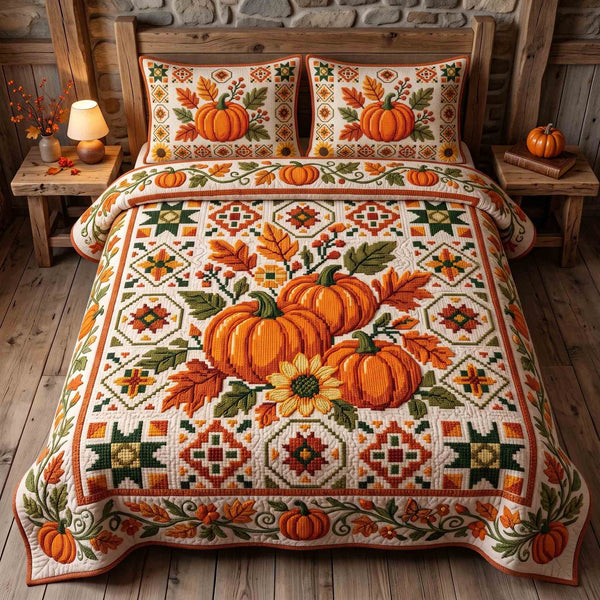 Pumpkin Season quilted 3-piece bedding set on a made bed against a dark styled interior