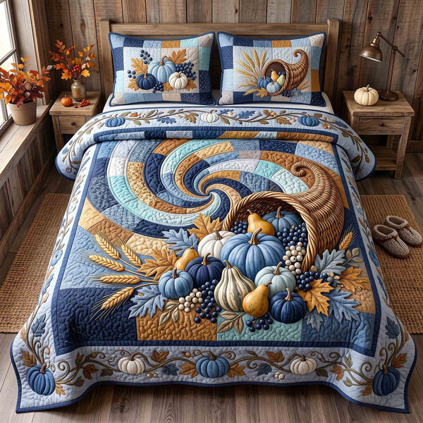 Pumpkin Season quilted 3-piece bedding set on a made bed against a dark styled interior