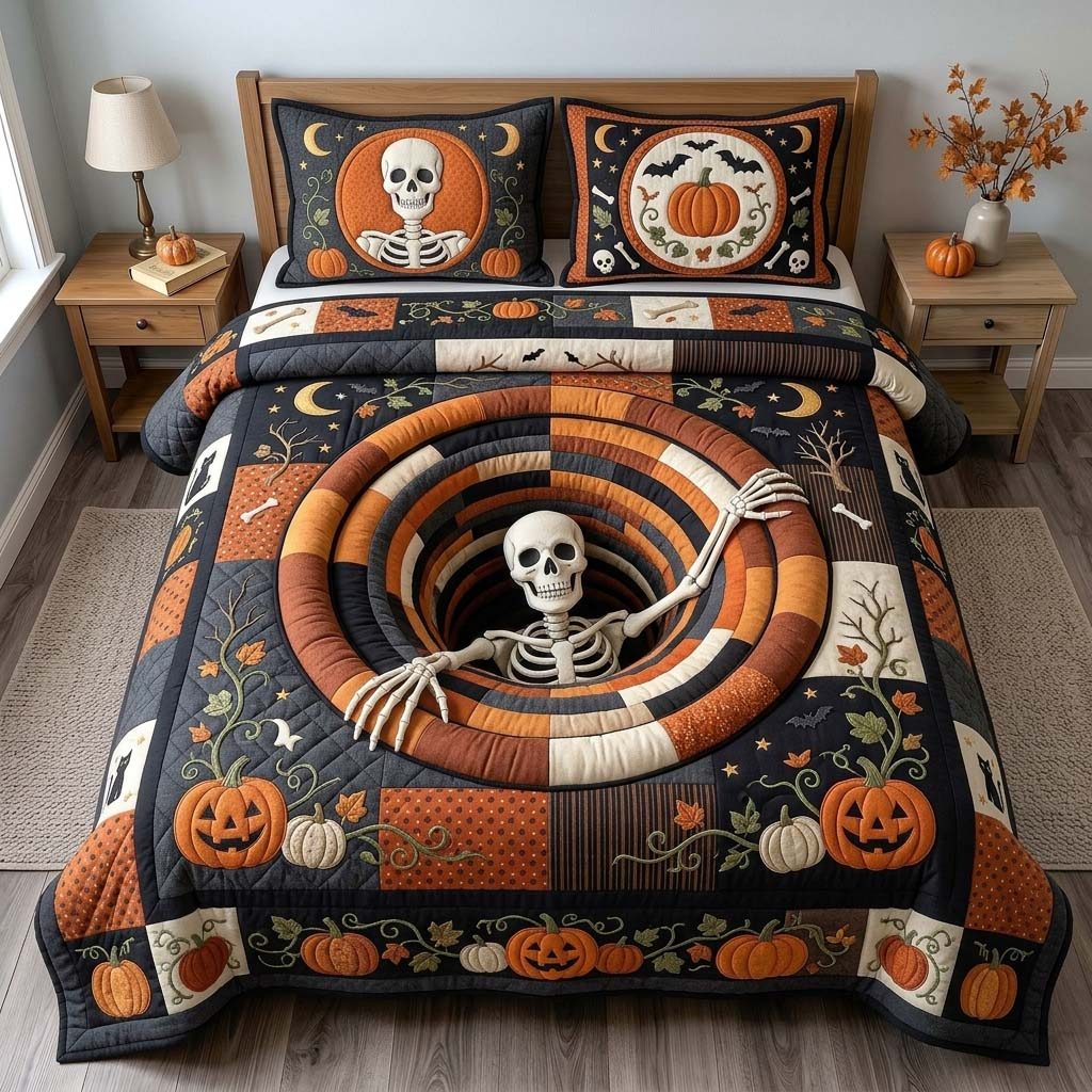 Pumpkin Skeleton quilted 3-piece bedding set on a made bed against a dark styled interior