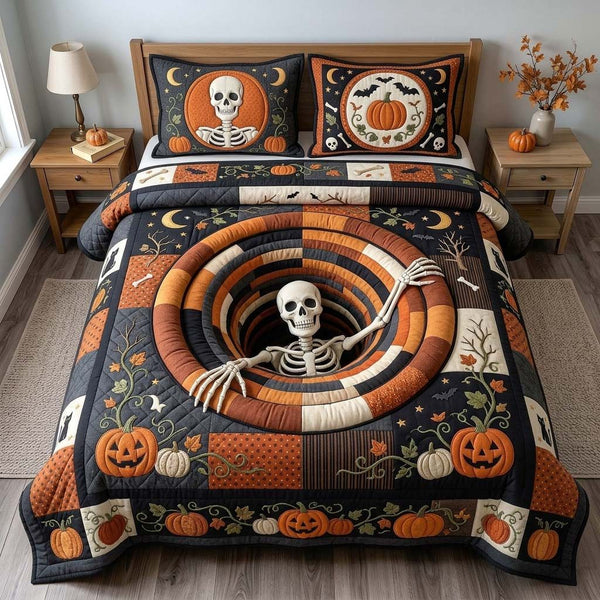Pumpkin Skeleton quilted 3-piece bedding set on a made bed against a dark styled interior