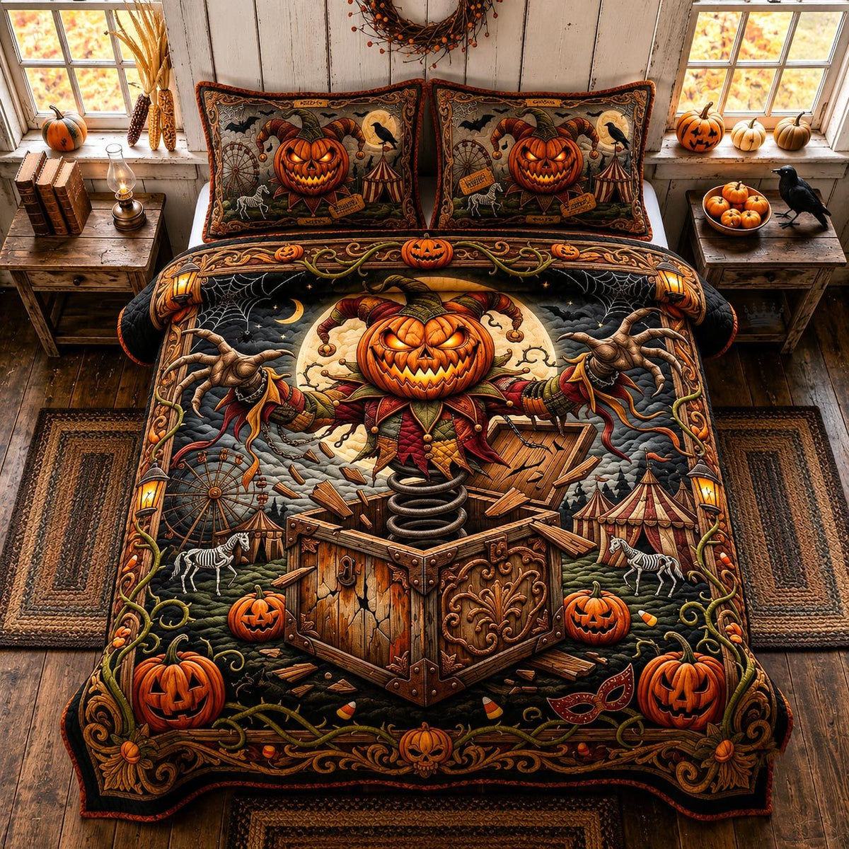 Pumpkin Sorcery quilted 3-piece bedding set on a made bed against a dark styled interior