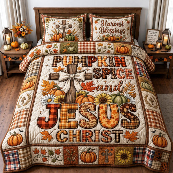 Pumpkin Spice And Jesus quilted 3-piece bedding set on a made bed against a dark styled interior