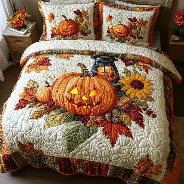 Pumpkin Spice Fields quilted 3-piece bedding set on a made bed against a dark styled interior