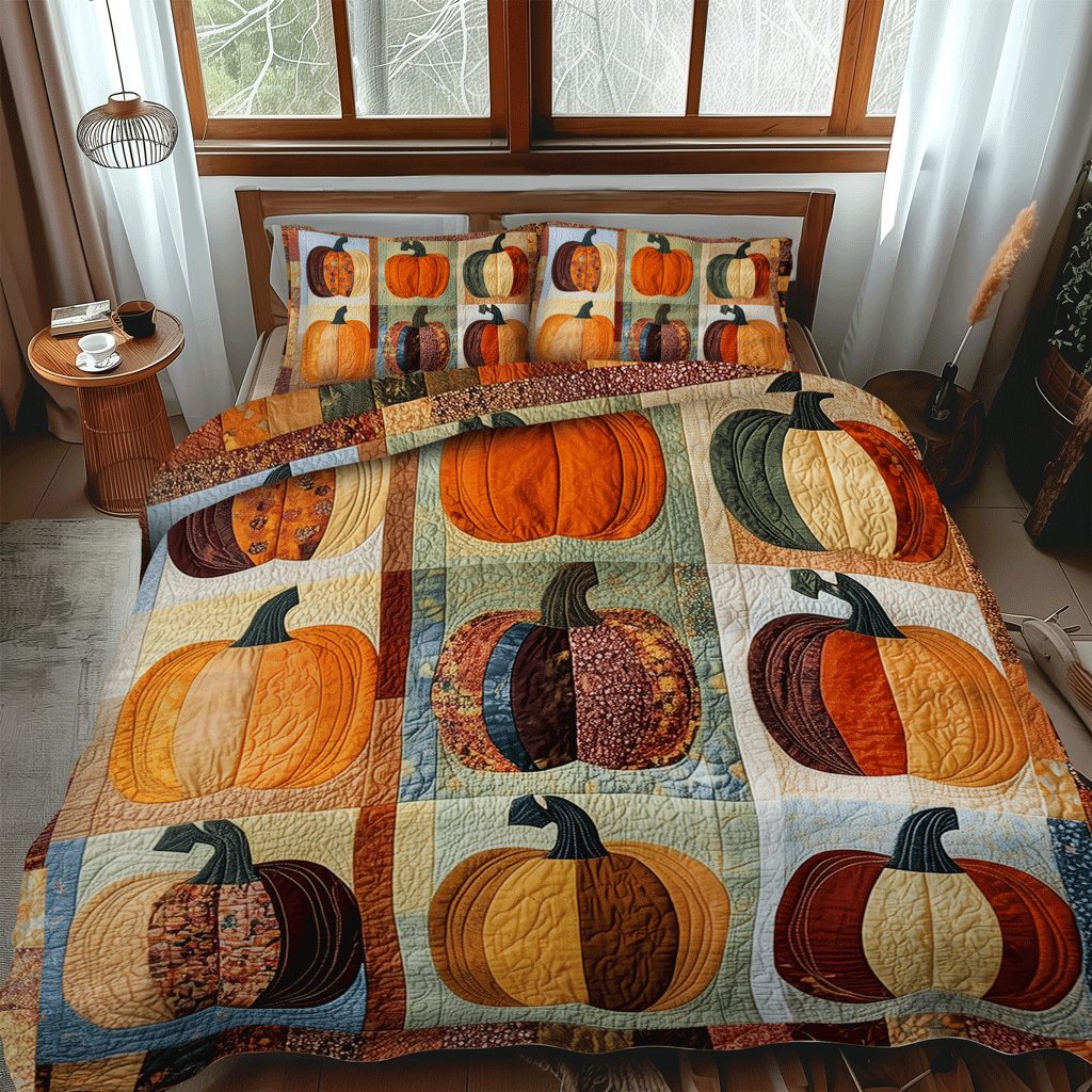 Pumpkin Spice quilted 3-piece bedding set on a made bed against a dark styled interior