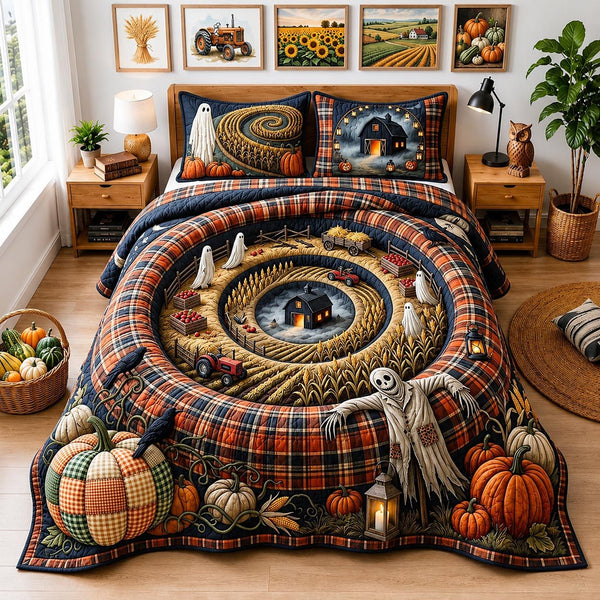 Pumpkin Spiral quilted 3-piece bedding set on a made bed against a dark styled interior