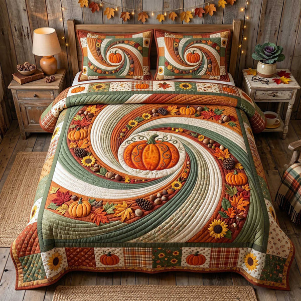 Pumpkin Swirls quilted 3-piece bedding set on a made bed against a dark styled interior