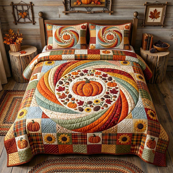 Pumpkin Swirls quilted 3-piece bedding set on a made bed against a dark styled interior