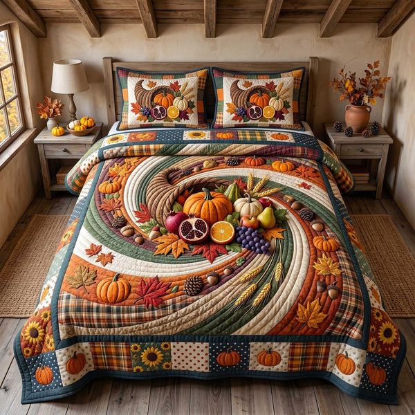 Pumpkin Swirls quilted 3-piece bedding set on a made bed against a dark styled interior