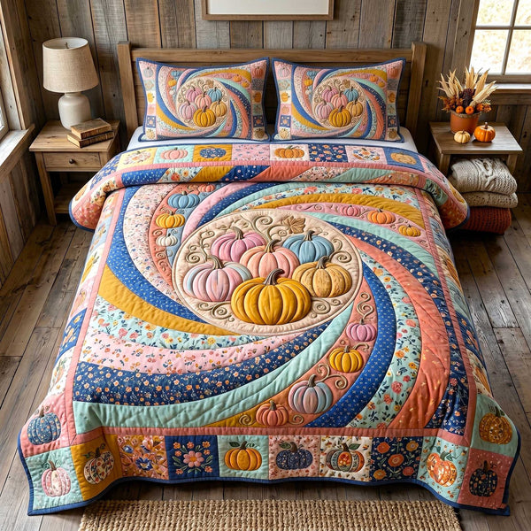 Pumpkin Swirls quilted 3-piece bedding set on a made bed against a dark styled interior