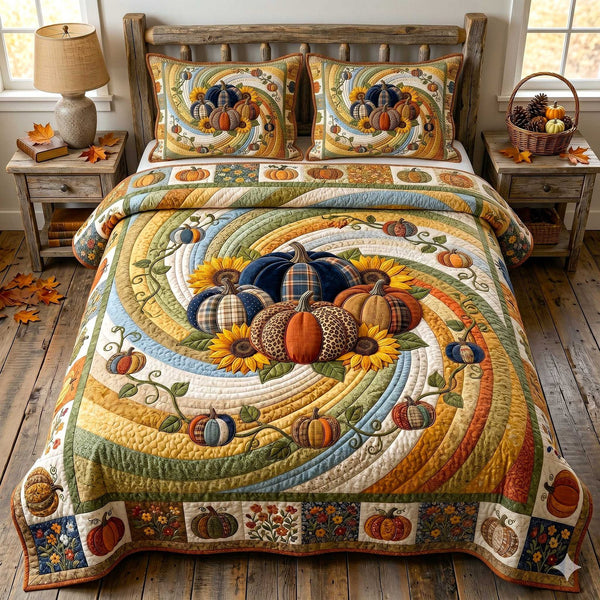 Pumpkin Swirls quilted 3-piece bedding set on a made bed against a dark styled interior