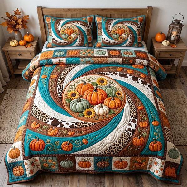 Pumpkin Swirls quilted 3-piece bedding set on a made bed against a dark styled interior