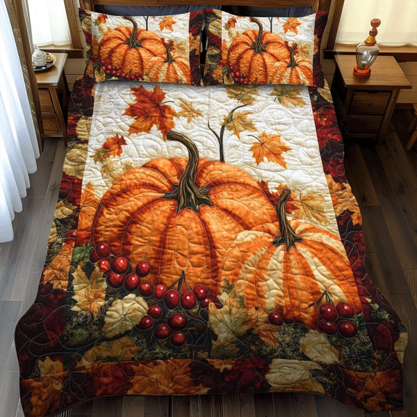 Pumpkin Thanksgiving Spirit quilted 3-piece bedding set on a made bed against a dark styled interior