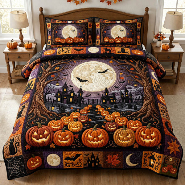 Pumpkin Town Moonlight quilted 3-piece bedding set on a made bed against a dark styled interior