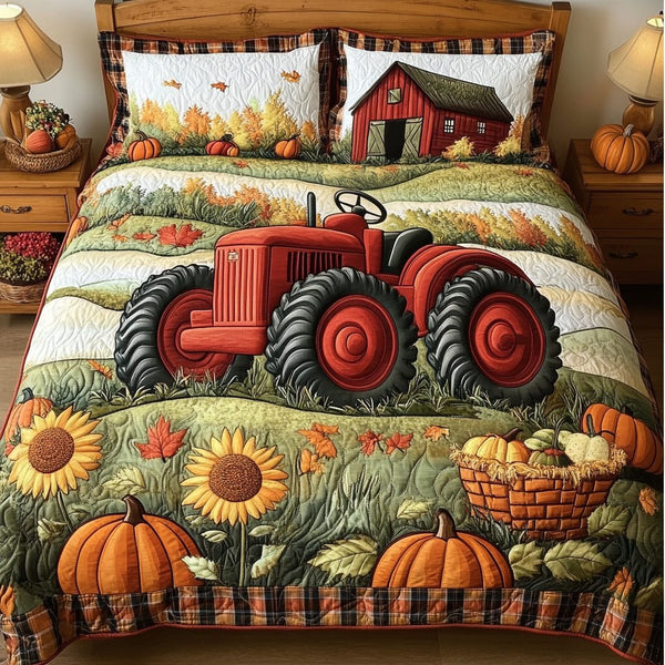 Pumpkin Tractor quilted 3-piece bedding set on a made bed against a dark styled interior