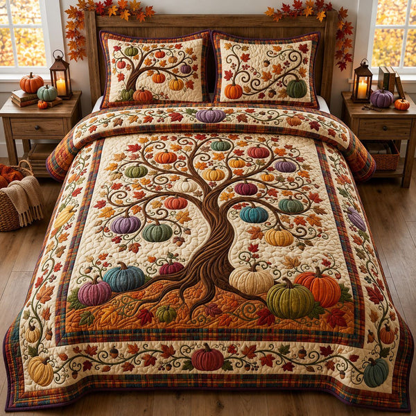 Pumpkin Tree quilted 3-piece bedding set on a made bed against a dark styled interior