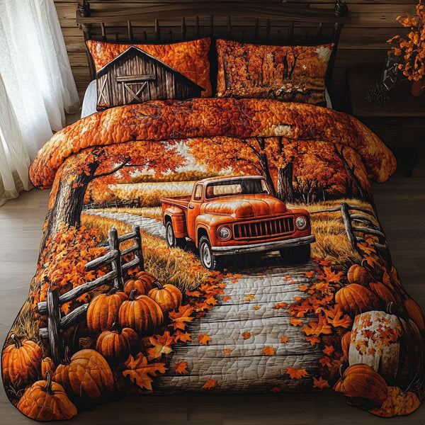 Pumpkin Truck quilted 3-piece bedding set on a made bed against a dark styled interior