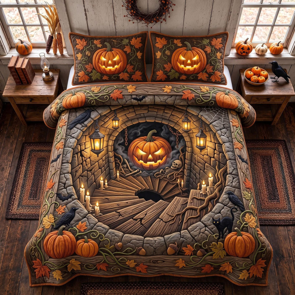 Pumpkin Tunnel quilted 3-piece bedding set on a made bed against a dark styled interior