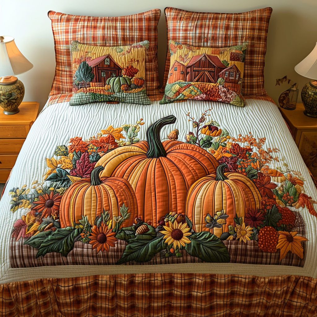 Pumpkin Valley quilted 3-piece bedding set on a made bed against a dark styled interior